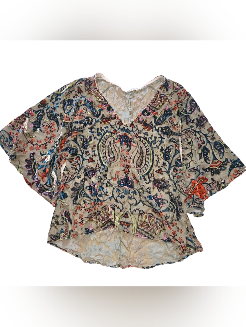 Lavender Brown Sheer Paisley Boho Blouse XS Colorful Flowy V-Neck Chiffon Top